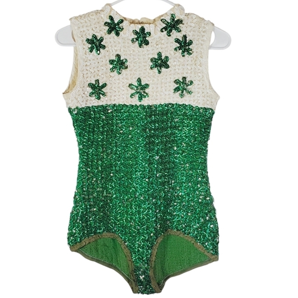 7309 * Algy Sequin Majorette Leotard Green White Size S-10 Vintage 60s